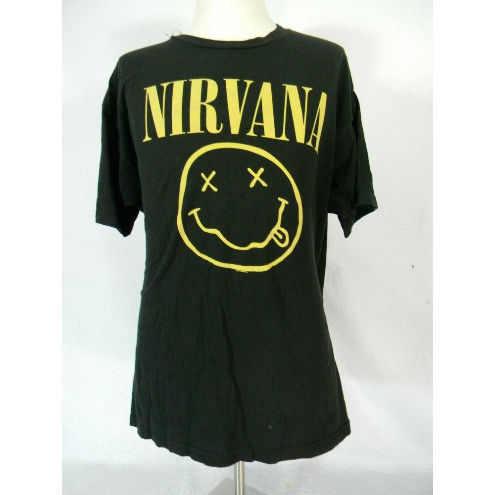 Nirvana T-Shirt Men 2XL Black Smiley Face Logo Band Grunge Short Sleeve Cotton